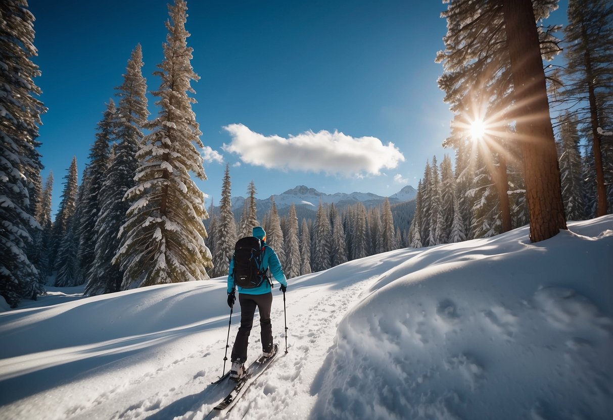 A person wearing Columbia Bugaboo Omni-Heat Pants snowshoeing in a snowy forest, surrounded by tall pine trees and a clear blue sky