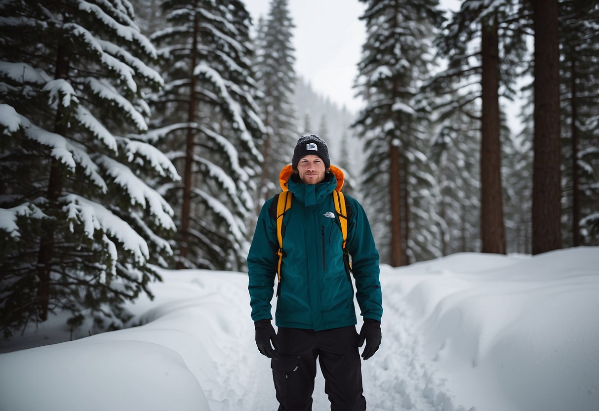 Snowshoer wearing The North Face Freedom Insulated Pants in a snowy forest, surrounded by tall pine trees and mountains in the background