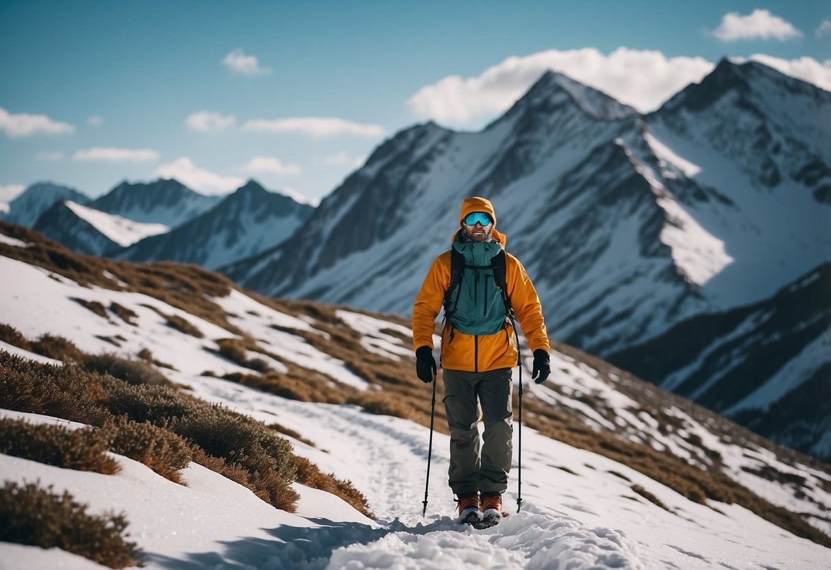 Snow-covered mountain trail with Marmot PreCip Eco Pants, snowshoes, and comfortable hiker