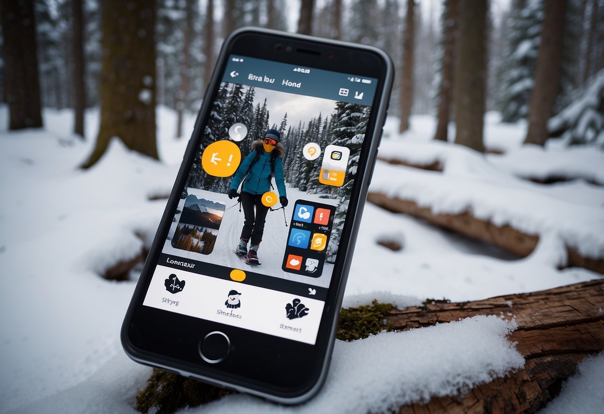 Snowshoes arranged in a snowy forest clearing, with a smartphone displaying 10 app icons for snowshoeing activities. Snow-capped trees in the background