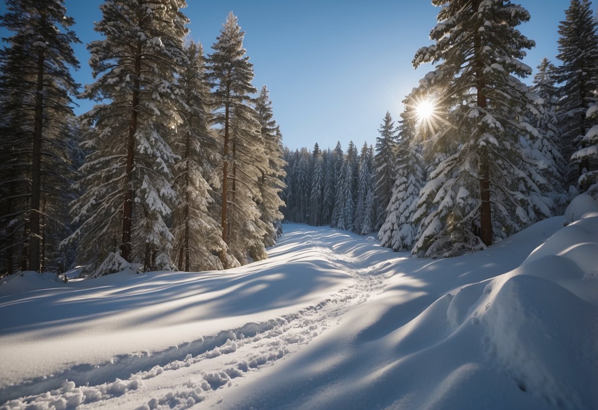 Snow-covered trail winding through a forest with snowshoe tracks leading into the distance, surrounded by tall pine trees and a clear blue sky above