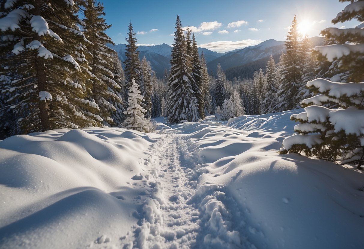 Snow-covered trail with snowshoe tracks winding through pine trees and mountains in the background. Blue sky with fluffy clouds