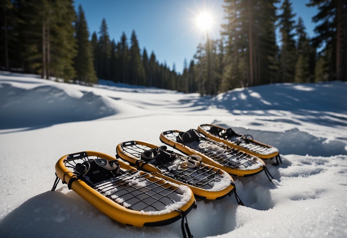 Snowshoes laid out on fresh snow, surrounded by pine trees and a clear blue sky. A map and GPS device nearby