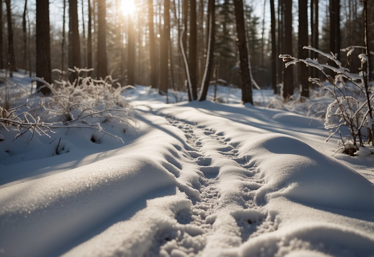 A snowy trail winds through a peaceful forest, with snowshoe tracks leading into the distance. Trees are dusted with snow, and the sun casts long shadows on the pristine white ground