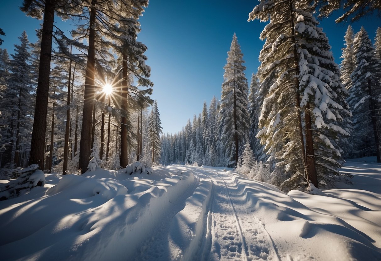 A snowy forest trail with snowshoe tracks leading into the distance, surrounded by tall pine trees and a clear blue sky above