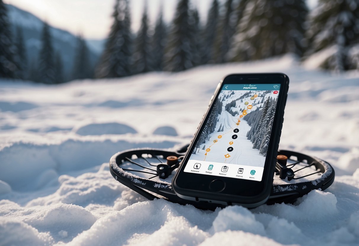 Snowshoes on a snowy trail, with a smartphone displaying "Map My Hike" app. Trees and mountains in the background