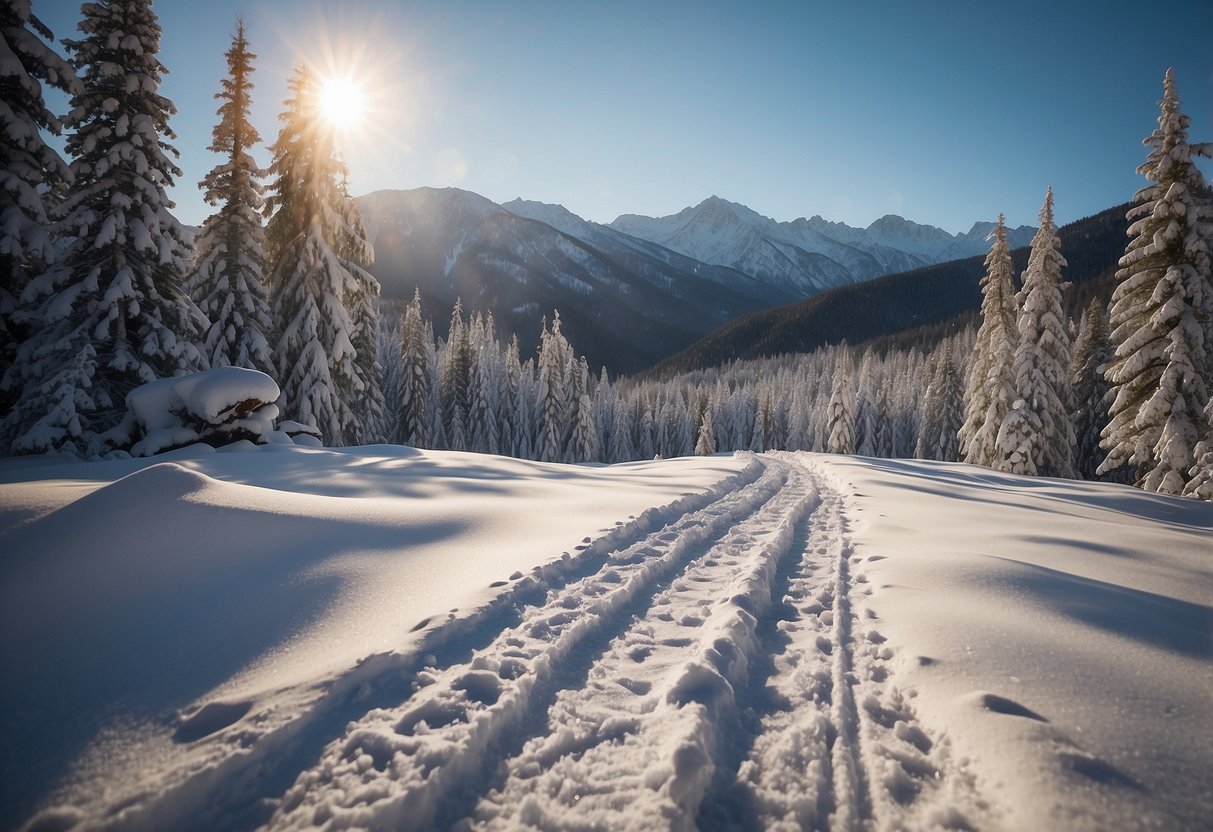 Snow-covered trail with snowshoes, map app on phone, trees, and mountains in the background