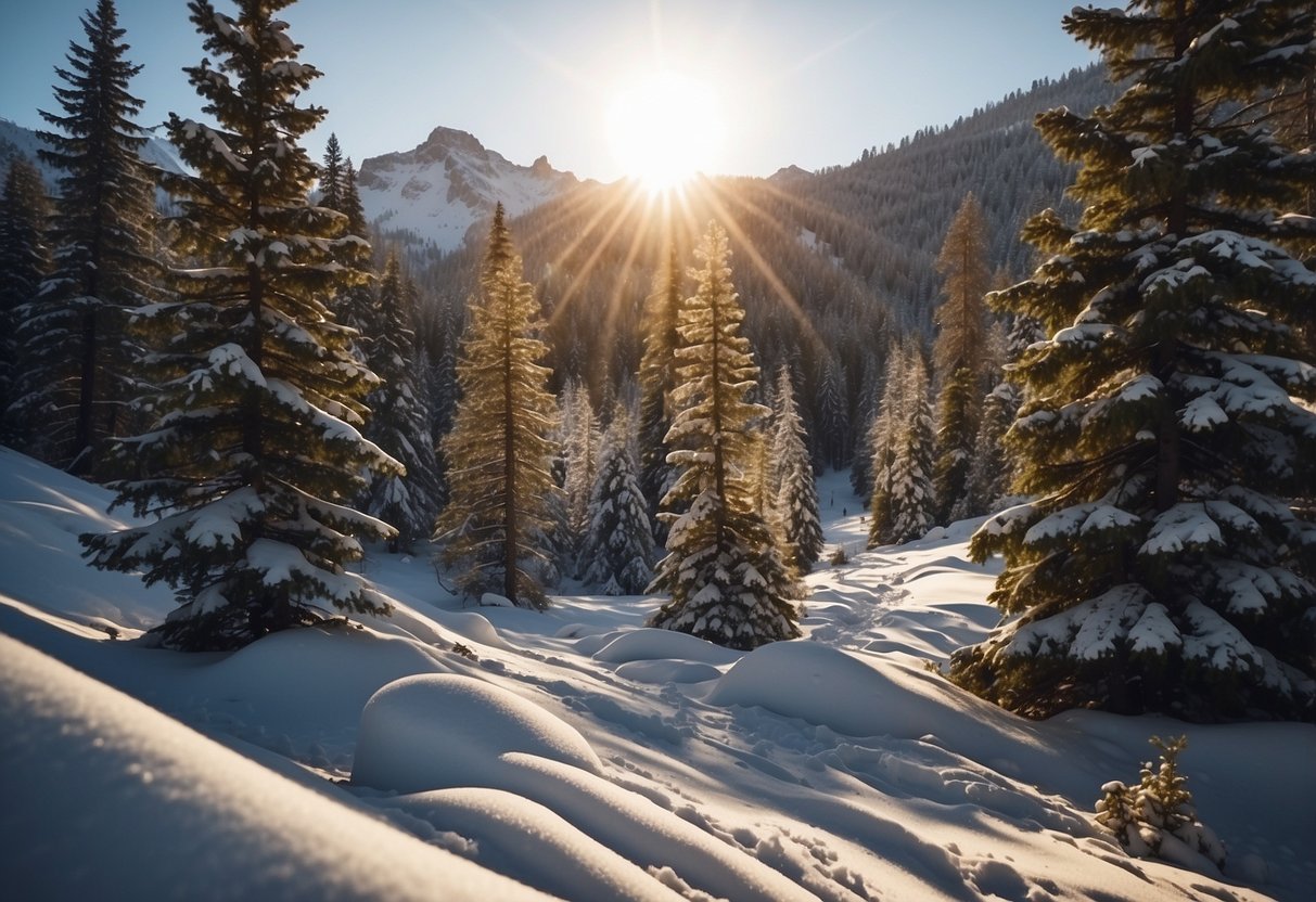 A snowy forest with winding trails and tall pine trees, with the sun casting a warm glow on the pristine snow. An open meadow lies ahead, surrounded by snow-capped mountains in the distance