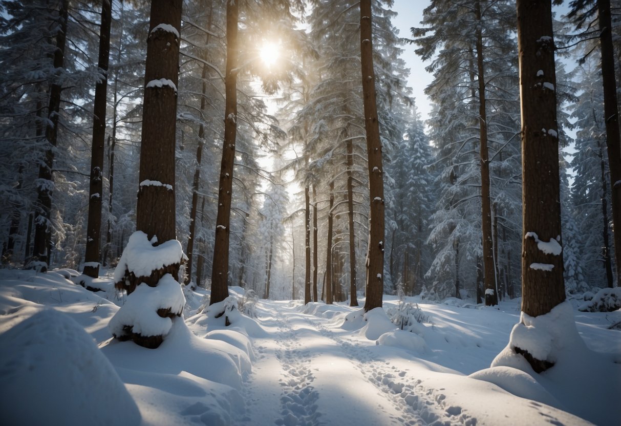 A snowy forest trail winds through tall trees, with snowshoe tracks leading the way. A signpost indicates the trail length, while snow-covered branches create a picturesque winter scene