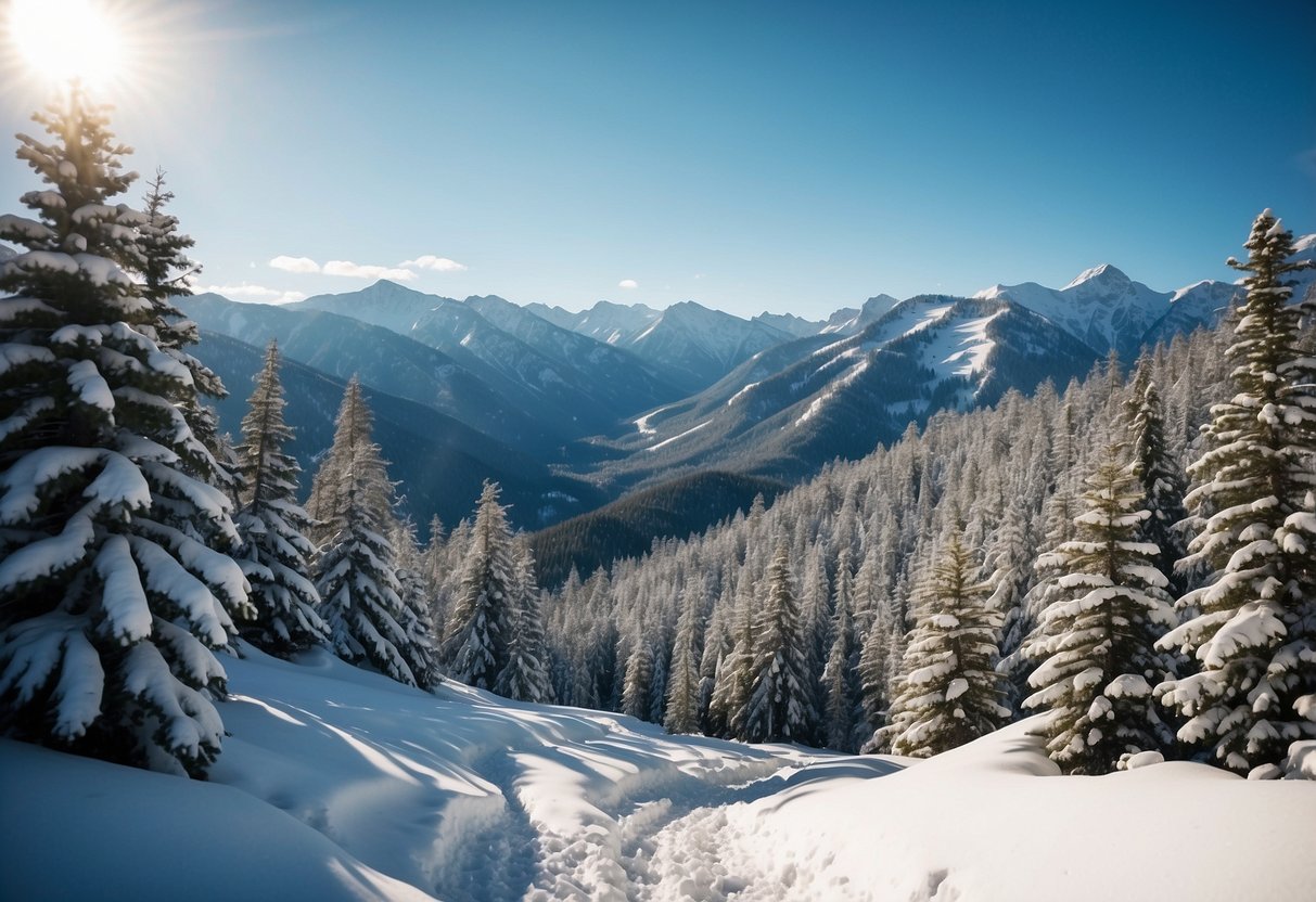 Snow-covered mountains with winding trails, surrounded by tall pine trees and a clear blue sky. Fresh snow glistens in the sunlight, creating a serene and picturesque winter wonderland