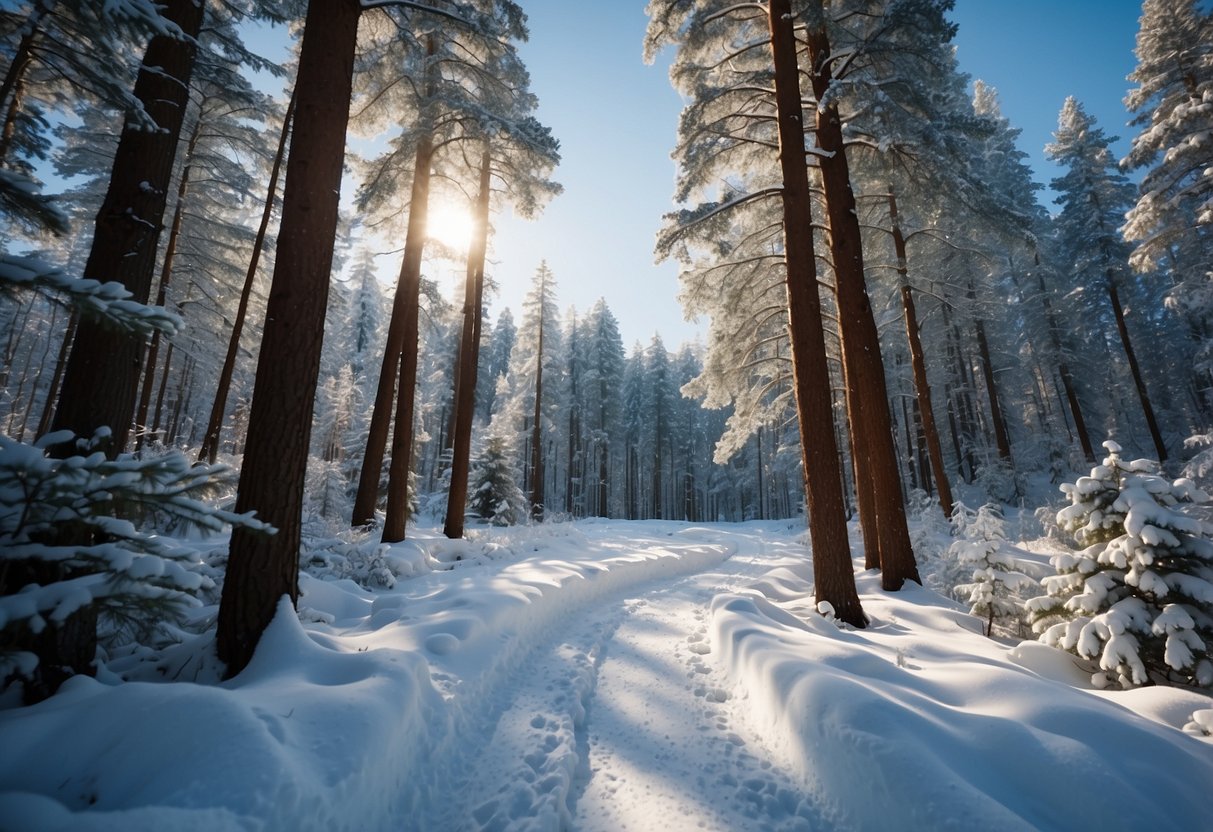 A serene winter forest with a winding trail through deep snow, surrounded by towering pine trees and a clear blue sky above