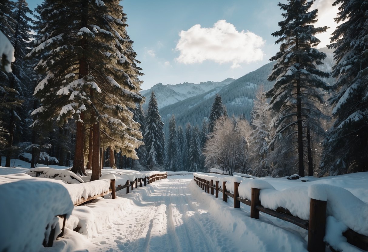 A snowy forest with clear paths and designated parking areas, surrounded by mountains and a serene atmosphere