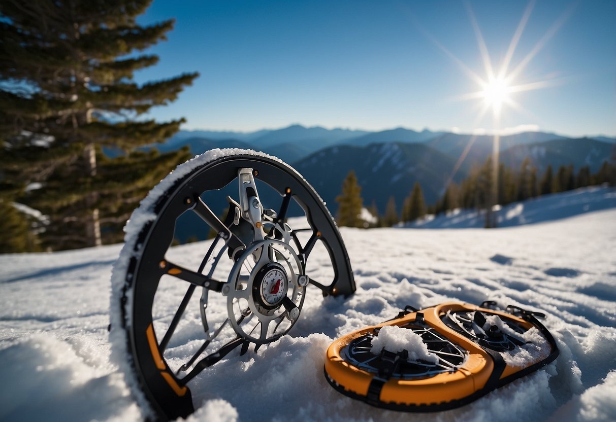 Snow-covered mountains, pine trees, and a clear blue sky. Snowshoes and trekking poles leaning against a tree. A map and compass on the ground