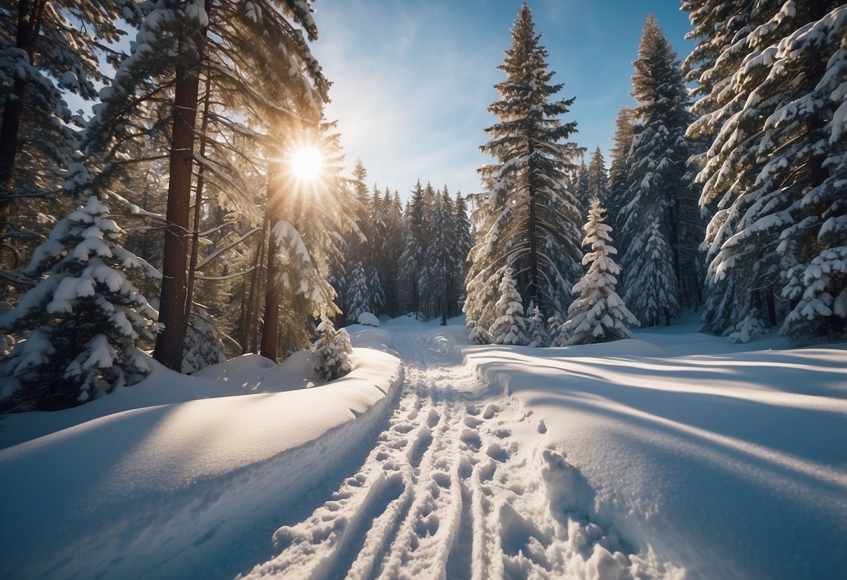 Snowshoe tracks winding through snowy forest. Evergreen trees and snow-covered branches. Clear blue sky and sun shining through. Peaceful and serene winter landscape