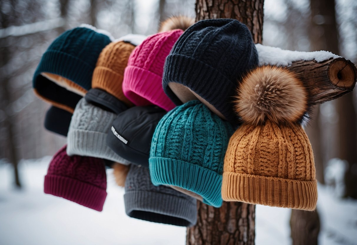 A woman's winter hat collection displayed on a snowy trail, featuring 5 lightweight snowshoeing hats in various colors and styles