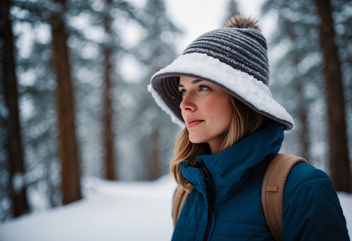 A woman's rain hat rests on a snowy trail, surrounded by lightweight snowshoeing hats. The scene is serene, with a backdrop of snow-covered trees and a hint of blue sky peeking through the clouds