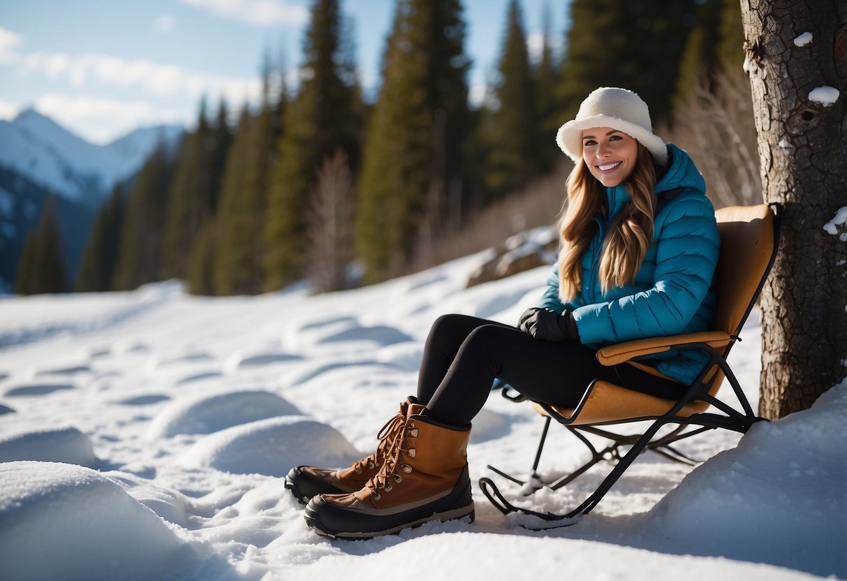 A snowy mountain trail with a woman's hat resting on a tree branch, surrounded by snowshoes and winter gear