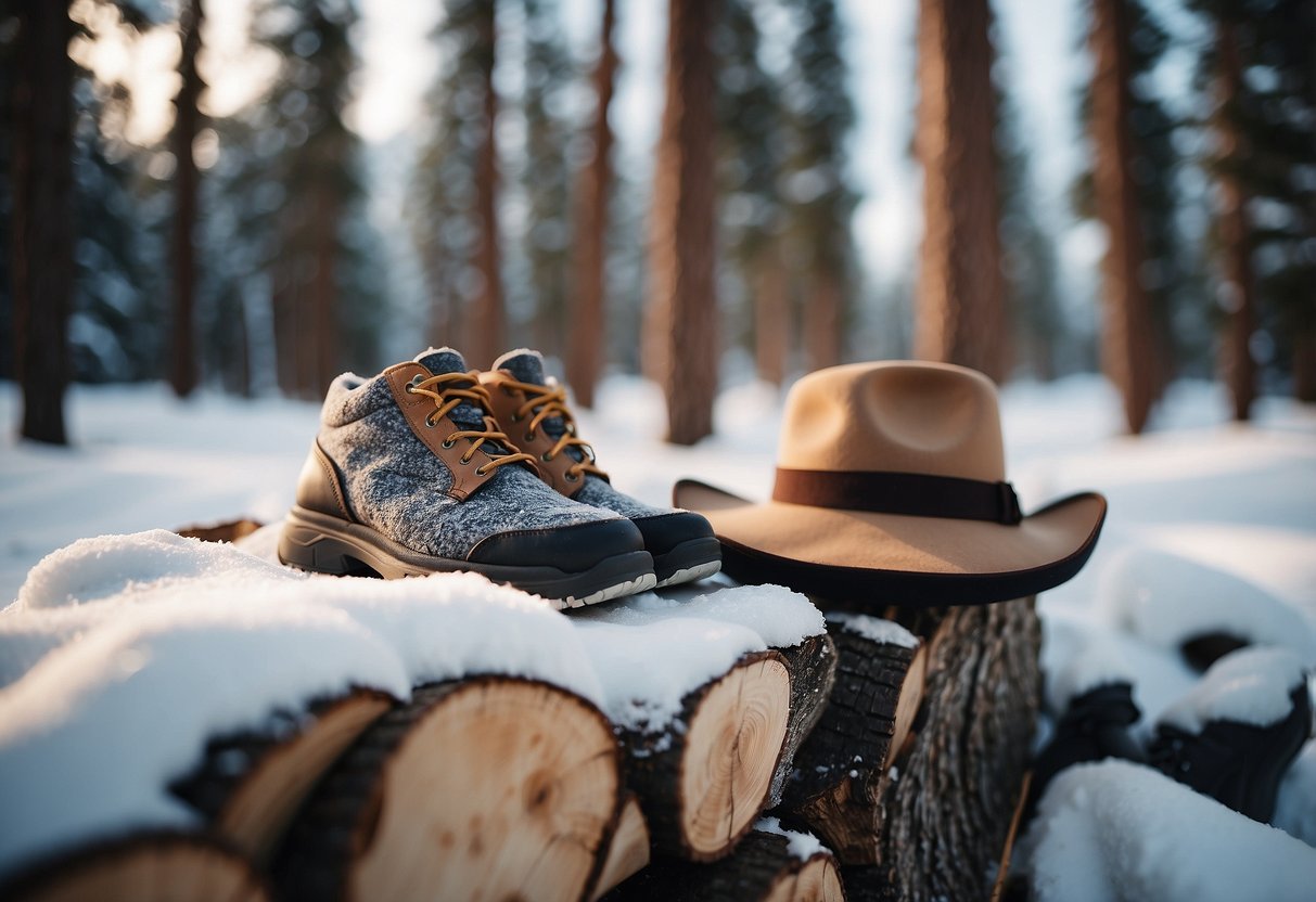 A snowy mountain trail with a woman's hat resting on a tree stump, surrounded by snowshoes and winter gear