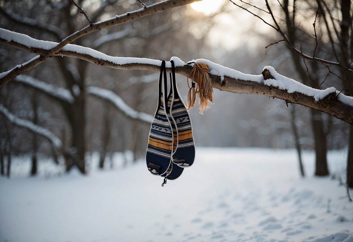 A woman's hat hangs from a snow-covered tree branch, with snowshoes and a winter landscape in the background