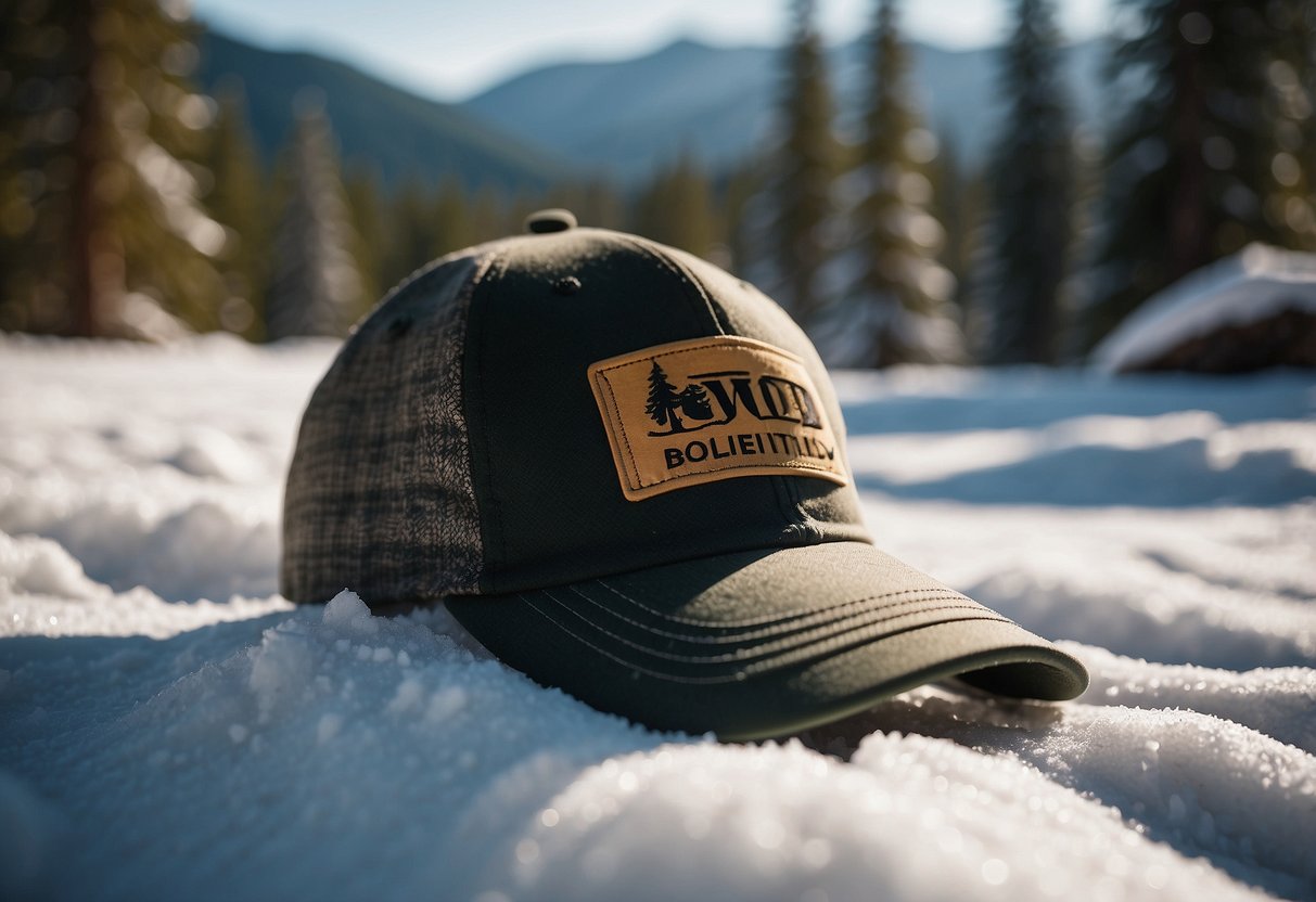 A woman's lightweight snowshoeing hat lays on a snowy trail, surrounded by pine trees and mountains, emphasizing the importance of choosing the right hat for outdoor activities