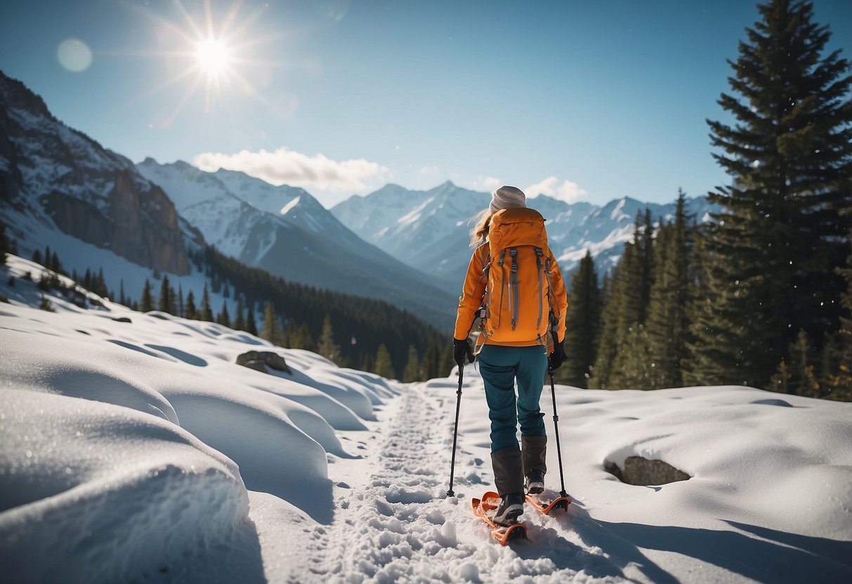 A snowy mountain trail with a woman's backpack and snowshoes, surrounded by lightweight hats