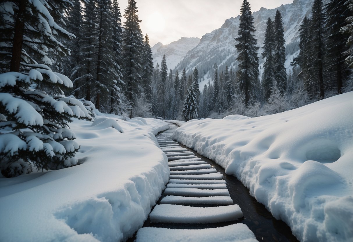 Snow-capped mountains, winding trails through pine forests, and serene frozen lakes create the backdrop for snowshoeing in Asia