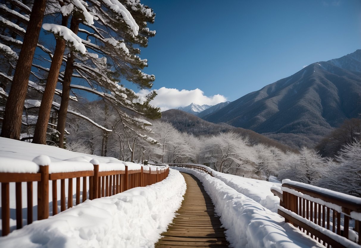 Snow-covered trail winds through Japanese mountains, flanked by tall pines and traditional wooden houses