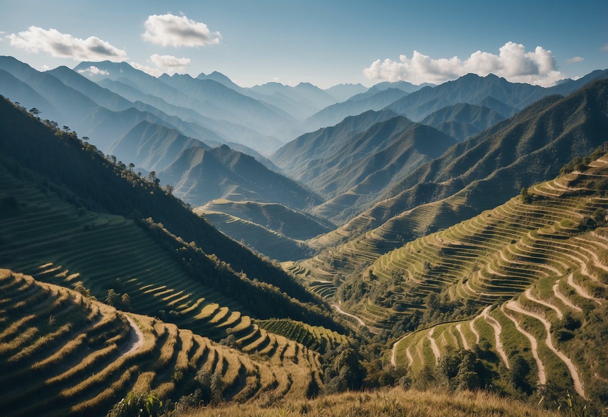 Snow-covered mountains and winding trails in Sapa, Vietnam. Evergreen trees and a clear blue sky