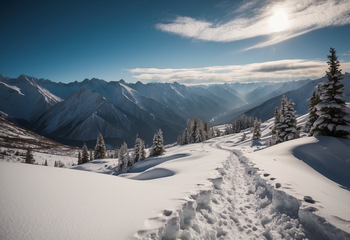 Snow-capped mountains surround a winding snowshoeing trail in Altyn Arashan, Kyrgyzstan. The route offers stunning views of the rugged landscape and pristine snow-covered terrain