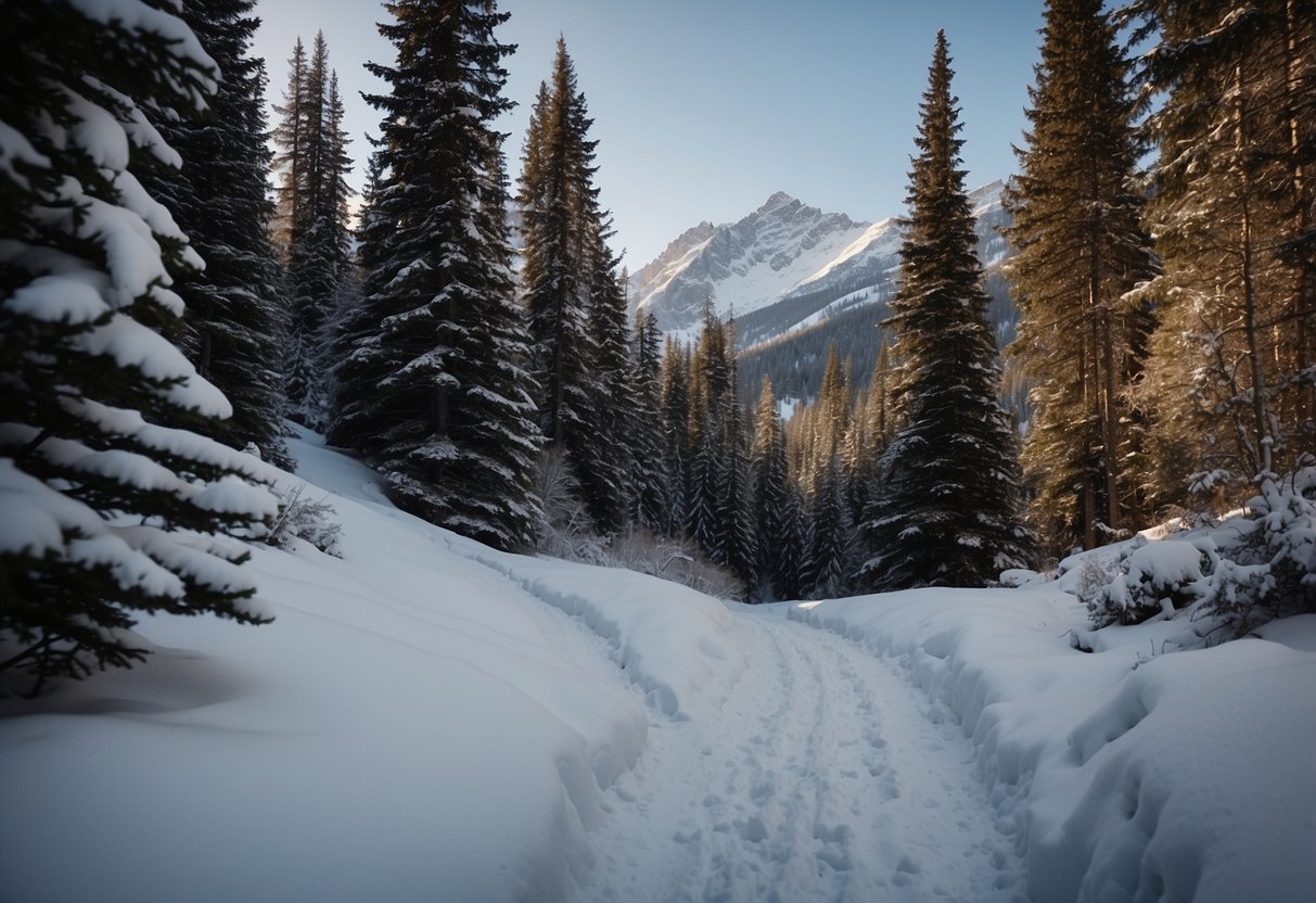 Snow-capped mountains surround a winding valley trail. A river runs through the center, flanked by tall trees and rocky cliffs. Snowshoe tracks mark the path, leading towards a distant peak