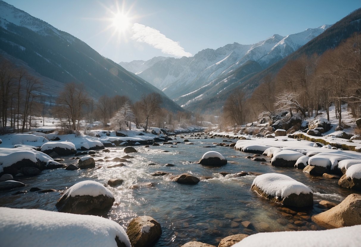 Snow-covered mountains surround a serene valley with a winding river. Steam rises from natural hot springs as snow monkeys play in the water