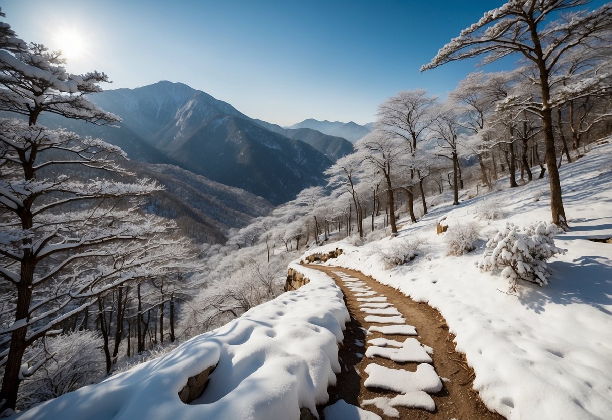 Snow-covered mountains and winding trails in Seoraksan National Park, South Korea. Trees heavy with snow, clear blue skies, and a serene, peaceful atmosphere