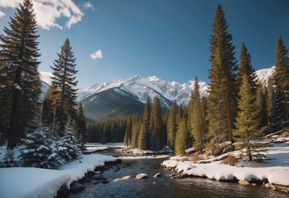 Snow-capped mountains tower over winding trails. Pine trees stand tall, dusted with snow. A serene river cuts through the landscape, reflecting the tranquil scenery