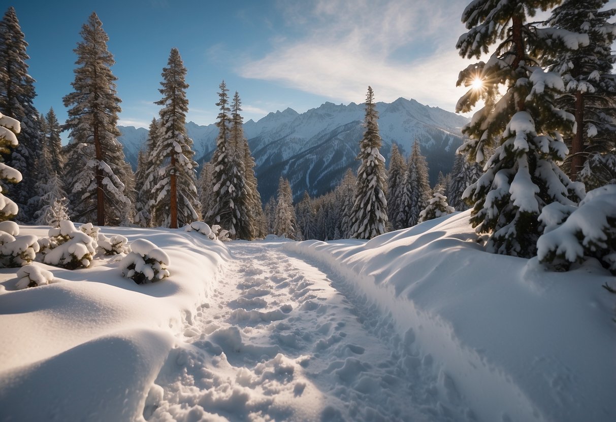 Snow-capped mountains loom in the distance as winding trails cut through the serene, snow-covered landscape. Pine trees stand tall, their branches heavy with fresh powder, creating a picturesque winter wonderland