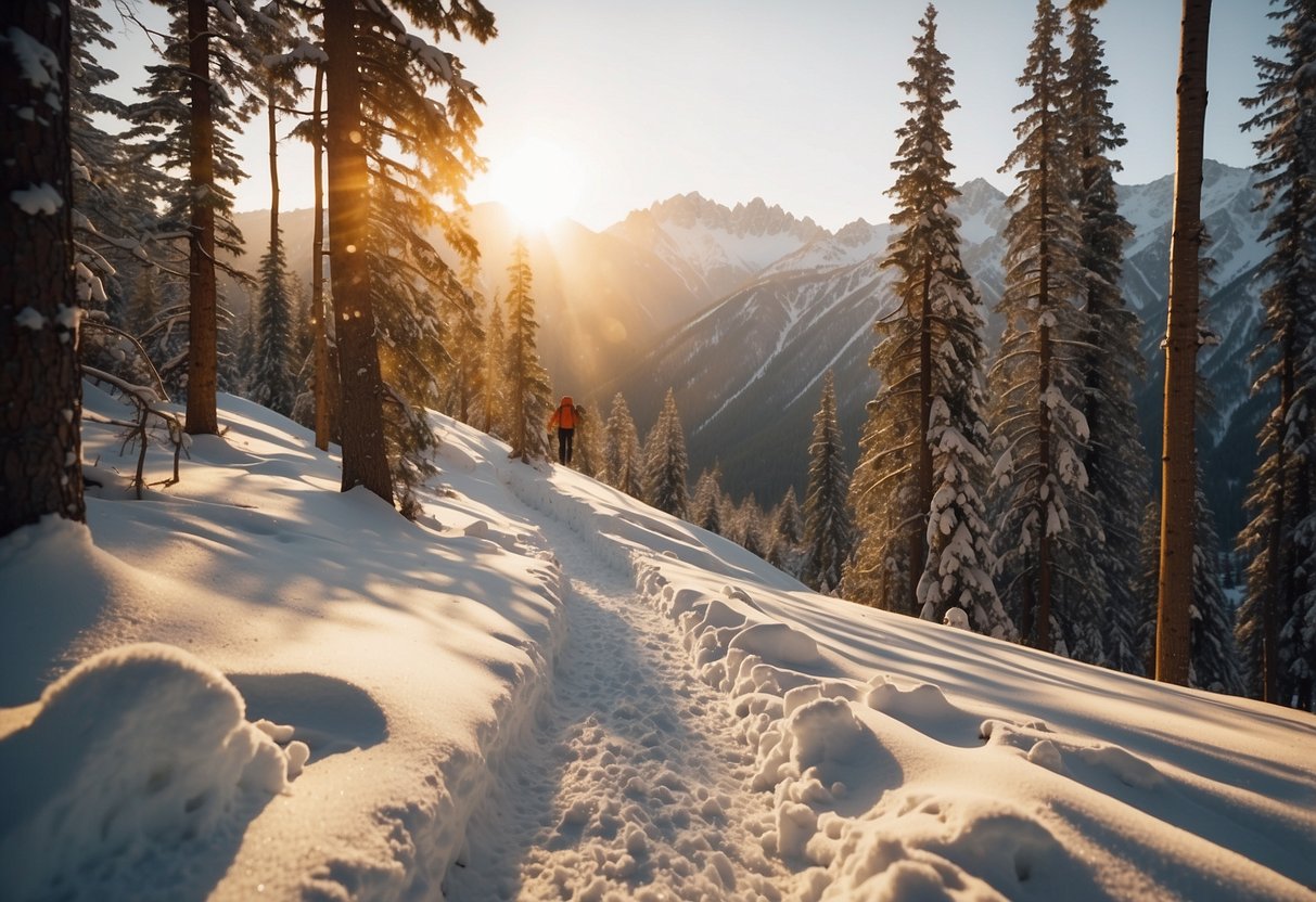 Snow-capped mountains, winding trails, and serene forests create a picturesque landscape for snowshoeing in Asia. The sun casts a golden glow on the snow, enhancing the beauty of the scenery