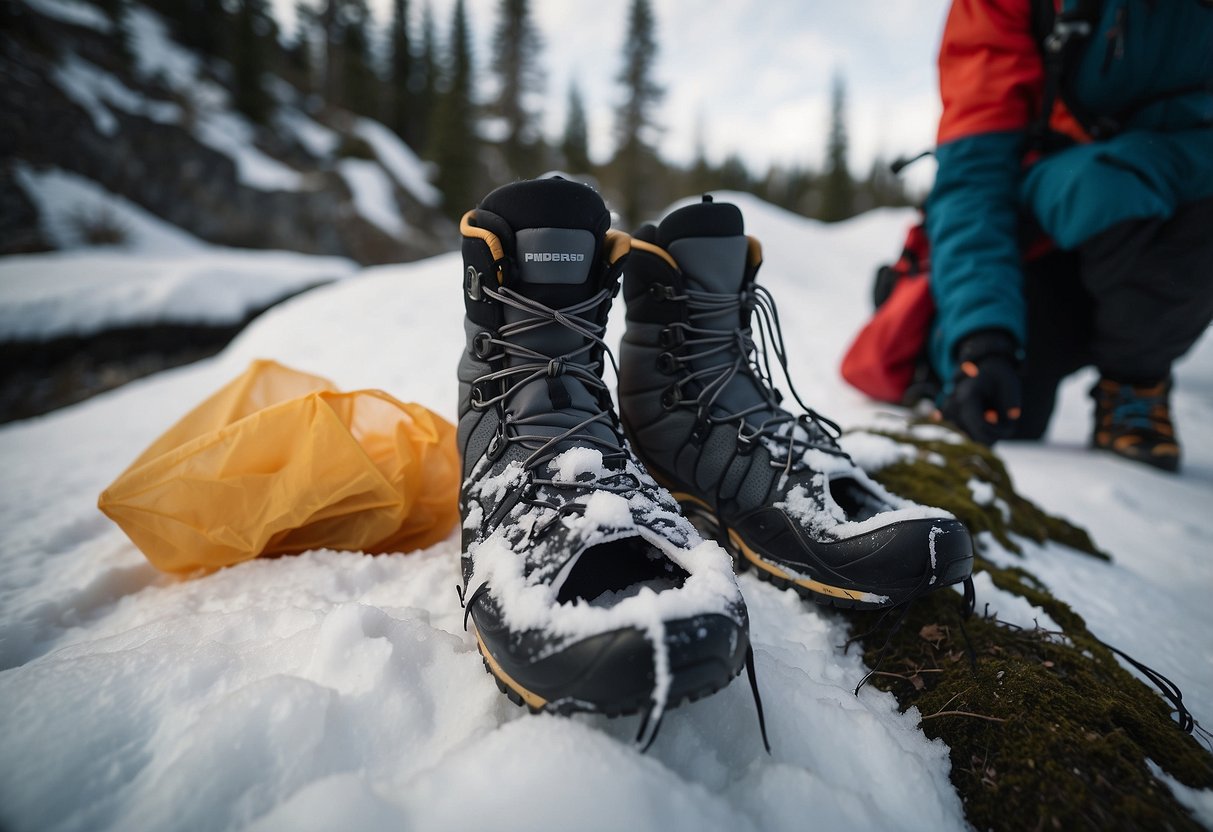 Snowshoes on snowy trail, with waste-free hiker. Packed-out trash bag, reusable water bottle, and compostable snacks. Leave-no-trace principles in action