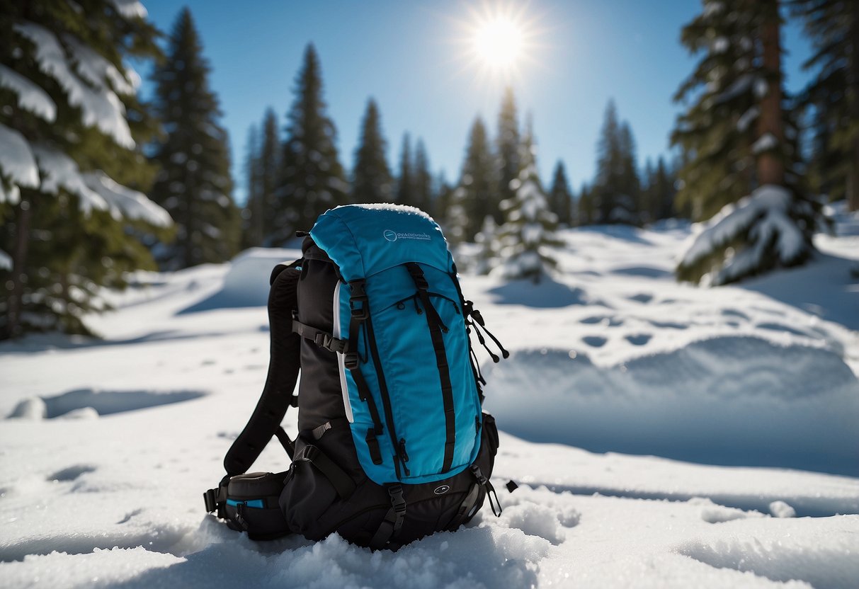 A snowshoeing backpack with biodegradable soap, surrounded by snowy trees and a clear blue sky