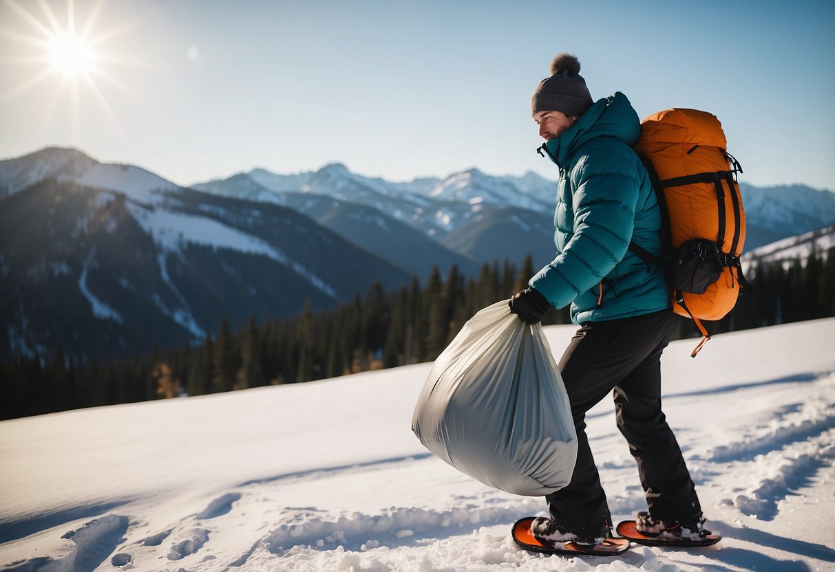 A person carries a small trash bag while snowshoeing