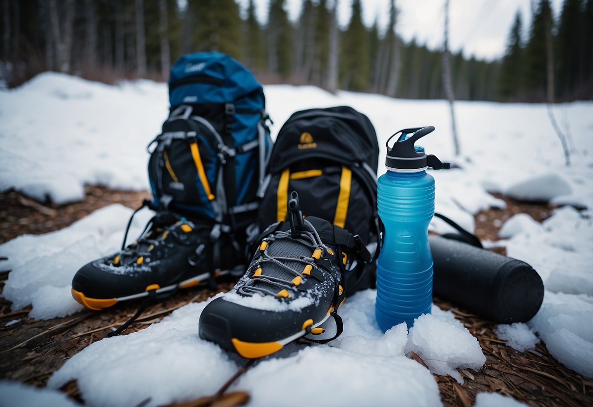 Snowshoes and reusable water bottles scattered on snowy trail. Trash bag attached to backpack. Leave no trace principles followed