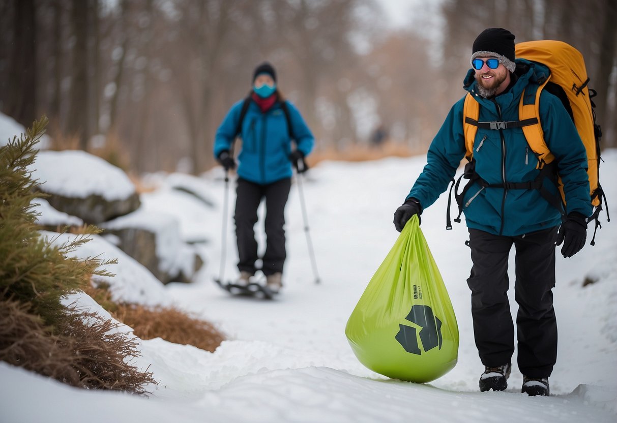 A snowshoer carrying a reusable bag of eco-friendly snacks, with a visible recycling bin and a composting area nearby