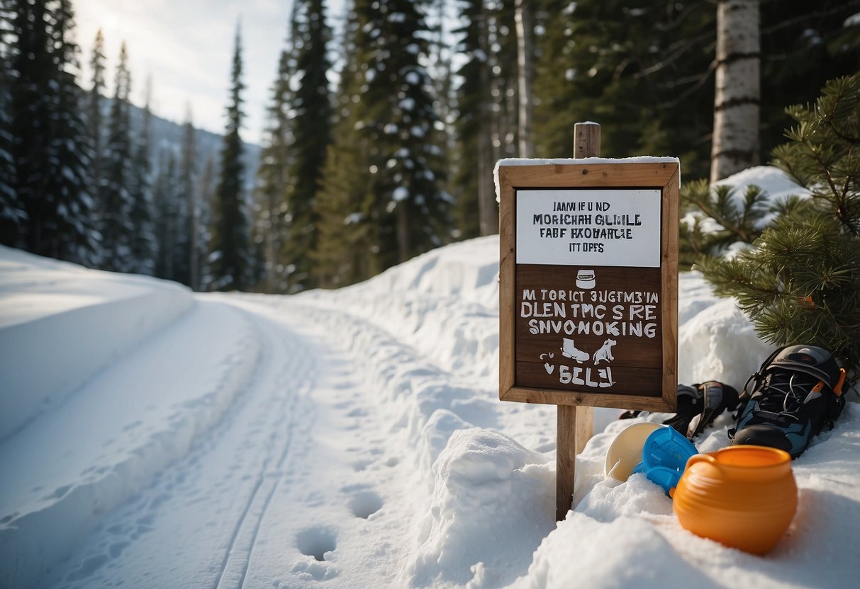 A snowy trail with discarded plastic utensils, alongside a sign reading "Avoid disposable utensils 7 Tips for Managing Waste While Snowshoeing."