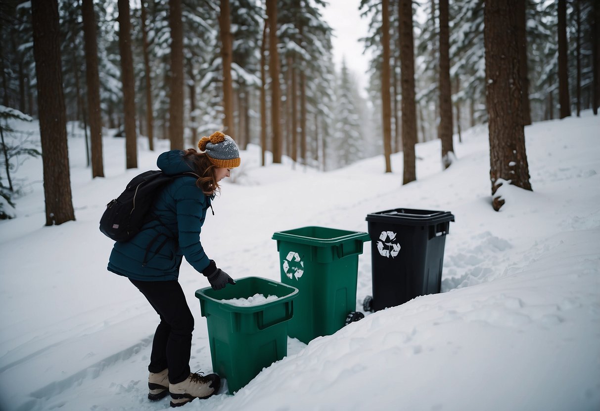 A person placing recyclables in designated bins while snowshoeing in a snowy forest. Seven tips for managing waste are displayed nearby