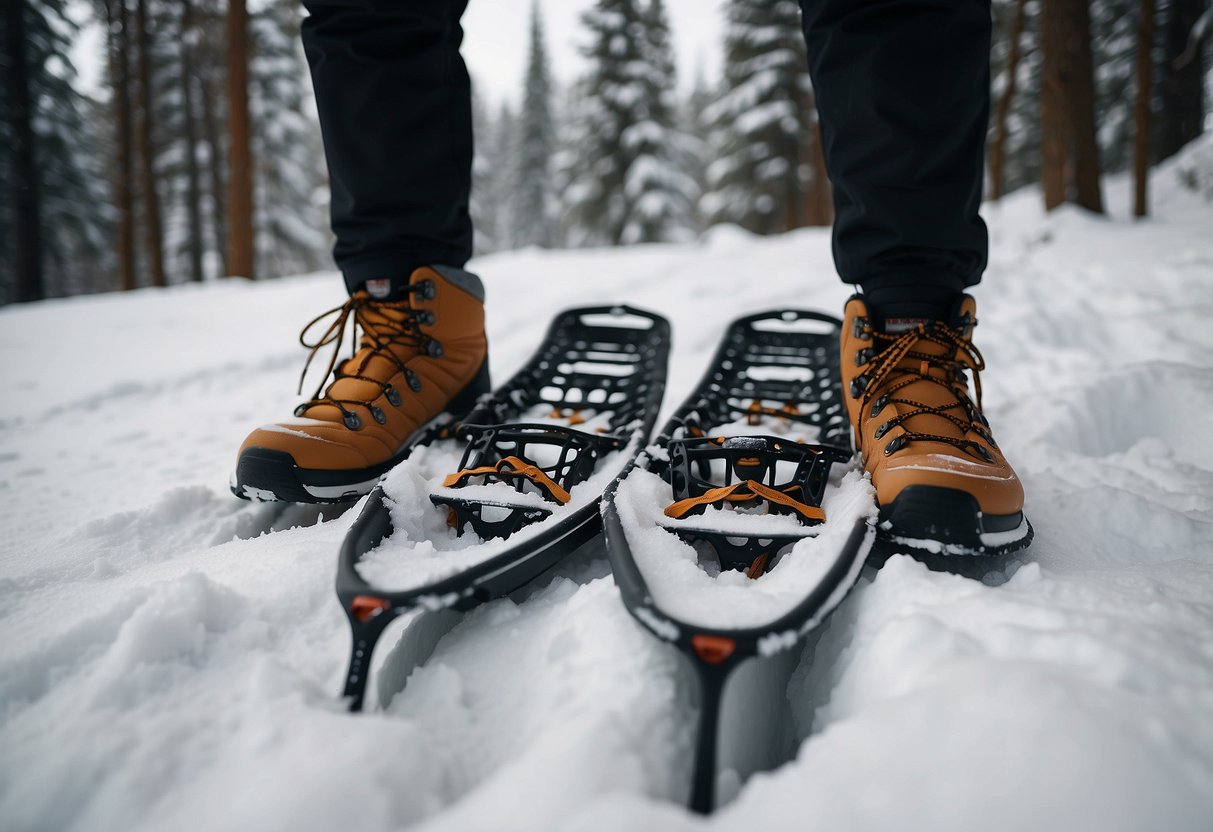 Snowshoes on snowy trail, with minimal packaging waste. Trash-free tips visible nearby