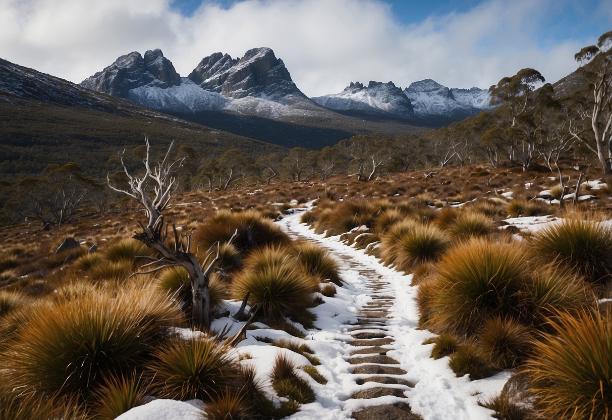 Snow-covered peaks of Cradle Mountain in Tasmania, with snowshoe tracks leading into the distance