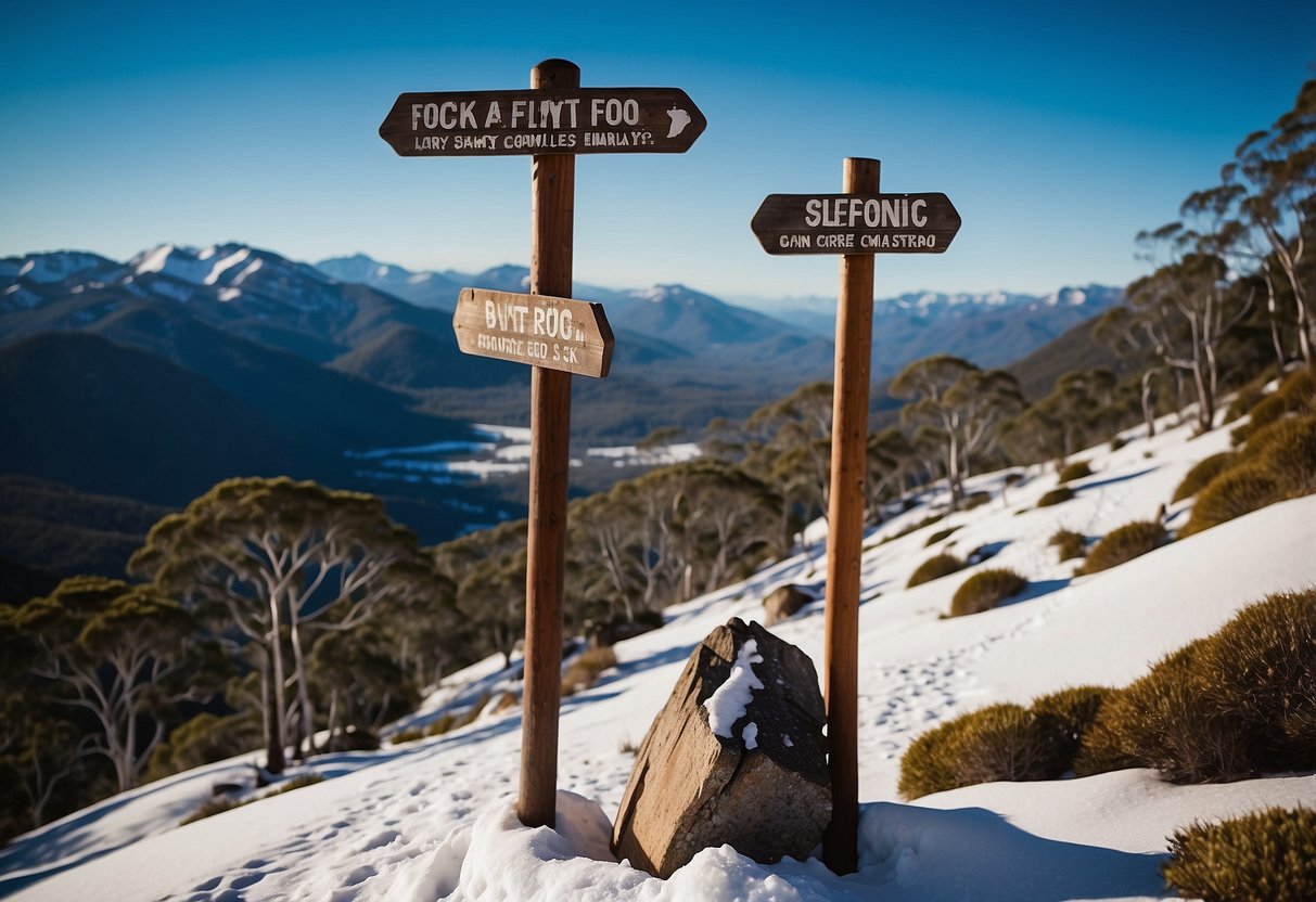 Snowshoeing in Australia: Snow-covered mountains, winding trails, safety tips, and destination names displayed on a signpost