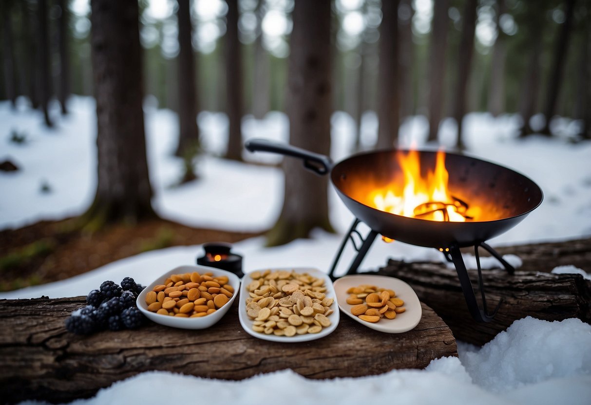 A snowy forest clearing with a small campfire surrounded by 10 different lightweight and nutritious meal options for snowshoeing trips, such as trail mix, energy bars, dehydrated soups, and freeze-dried fruits