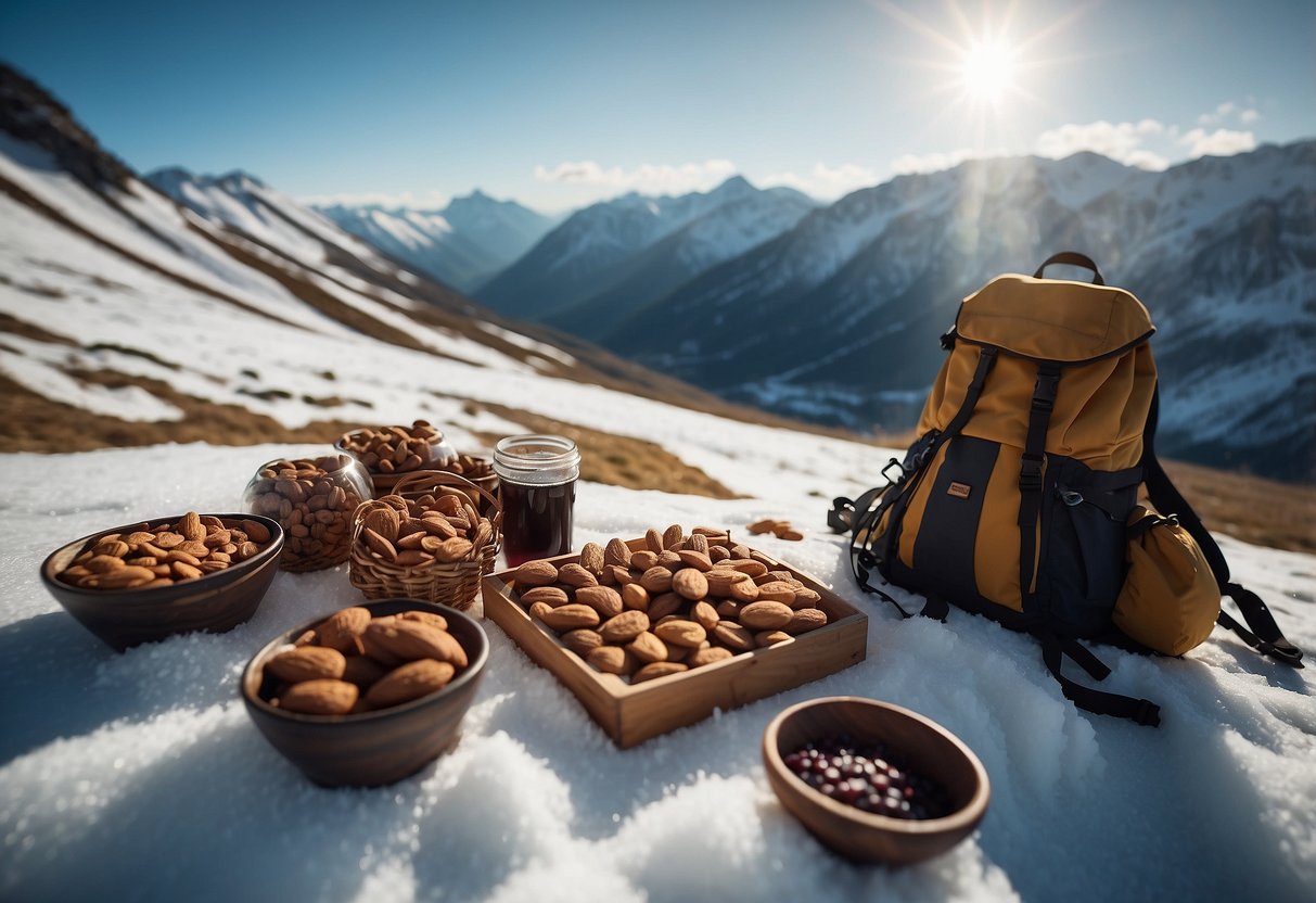 A snowy mountain landscape with a backpack and snowshoes, alongside a spread of energy bites with almonds and dates