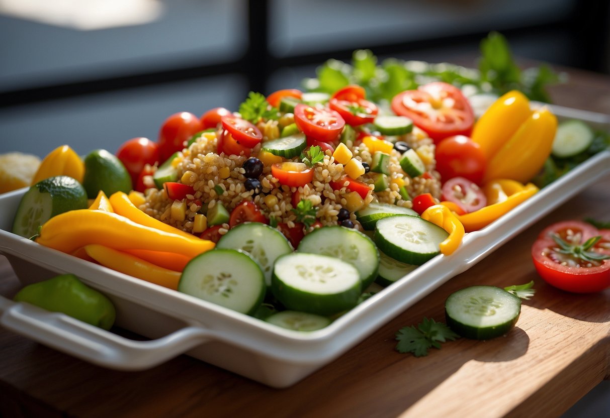 A colorful quinoa salad with an assortment of fresh vegetables, such as bell peppers, cucumbers, and cherry tomatoes, arranged on a lightweight and portable meal tray