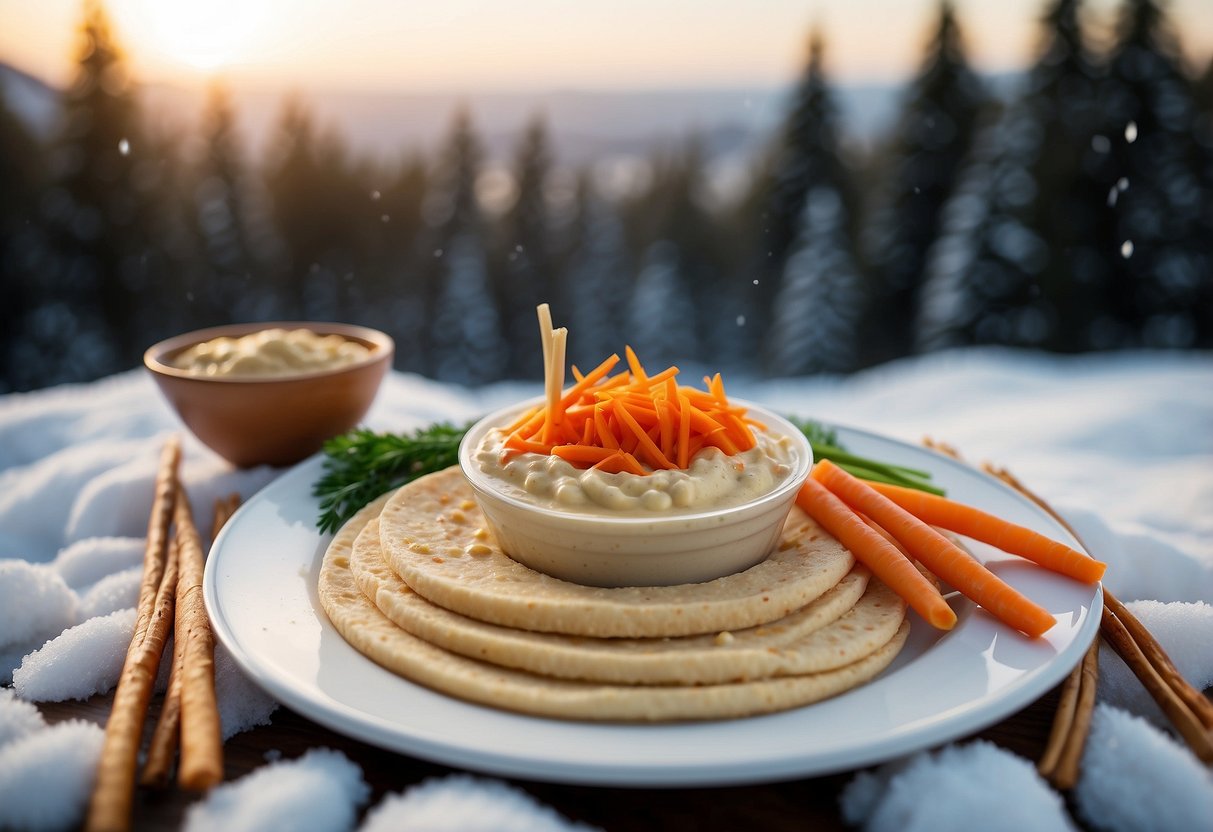 A plate of hummus with carrot sticks, surrounded by snowshoes and a snowy landscape