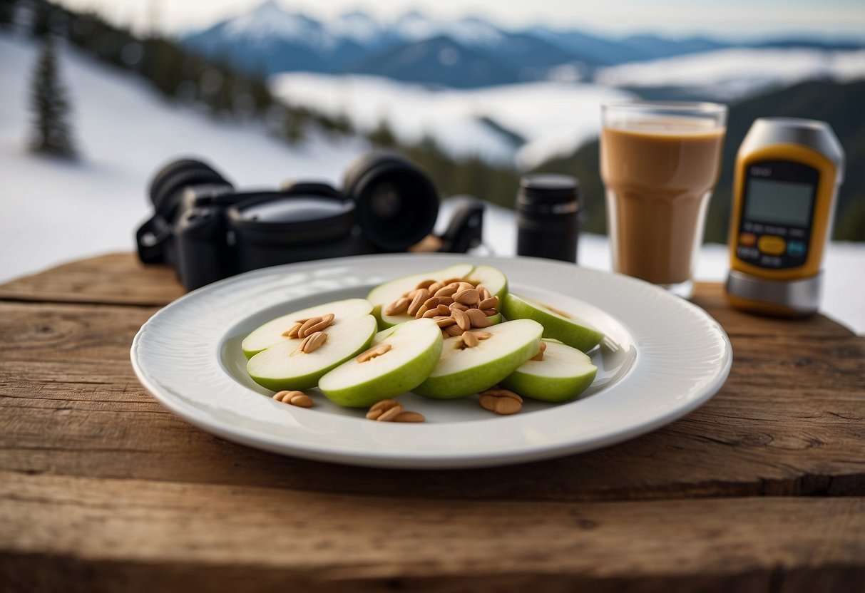 A plate of apple slices with a dollop of peanut butter, surrounded by snowshoeing gear and a snowy mountain backdrop